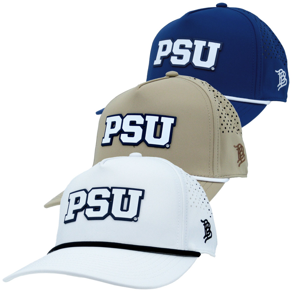 white, tan, and royal blue Branded Bills hats with PSU patch
